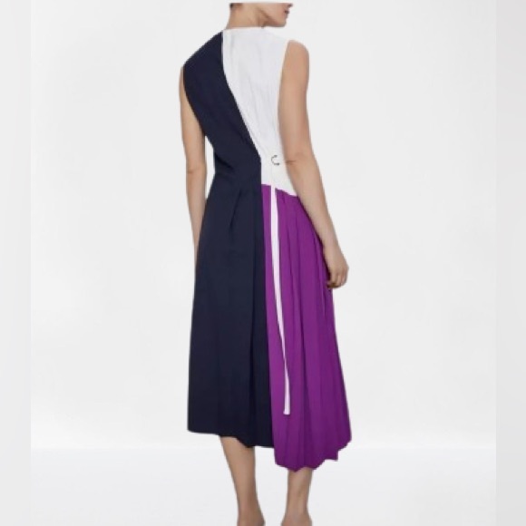 ZARA Women Pleated Patchwork Dress Navy Blue M - Picture 3 of 12